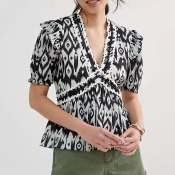 Verb by Pallavi Singhee Abstract Peplum Blouse Black + White Size Size X-Large - Picture 1 of 6